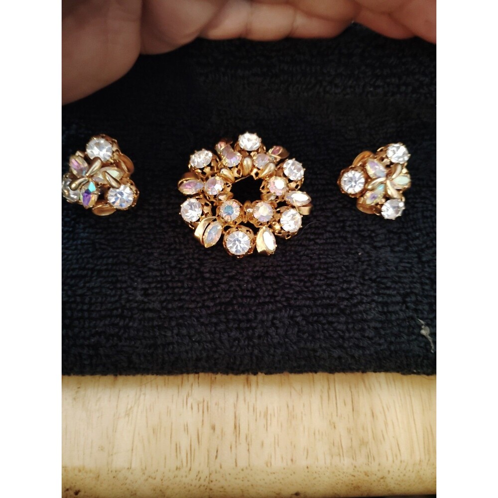 Clip on earring and Pin set Iridescent Rhinestone